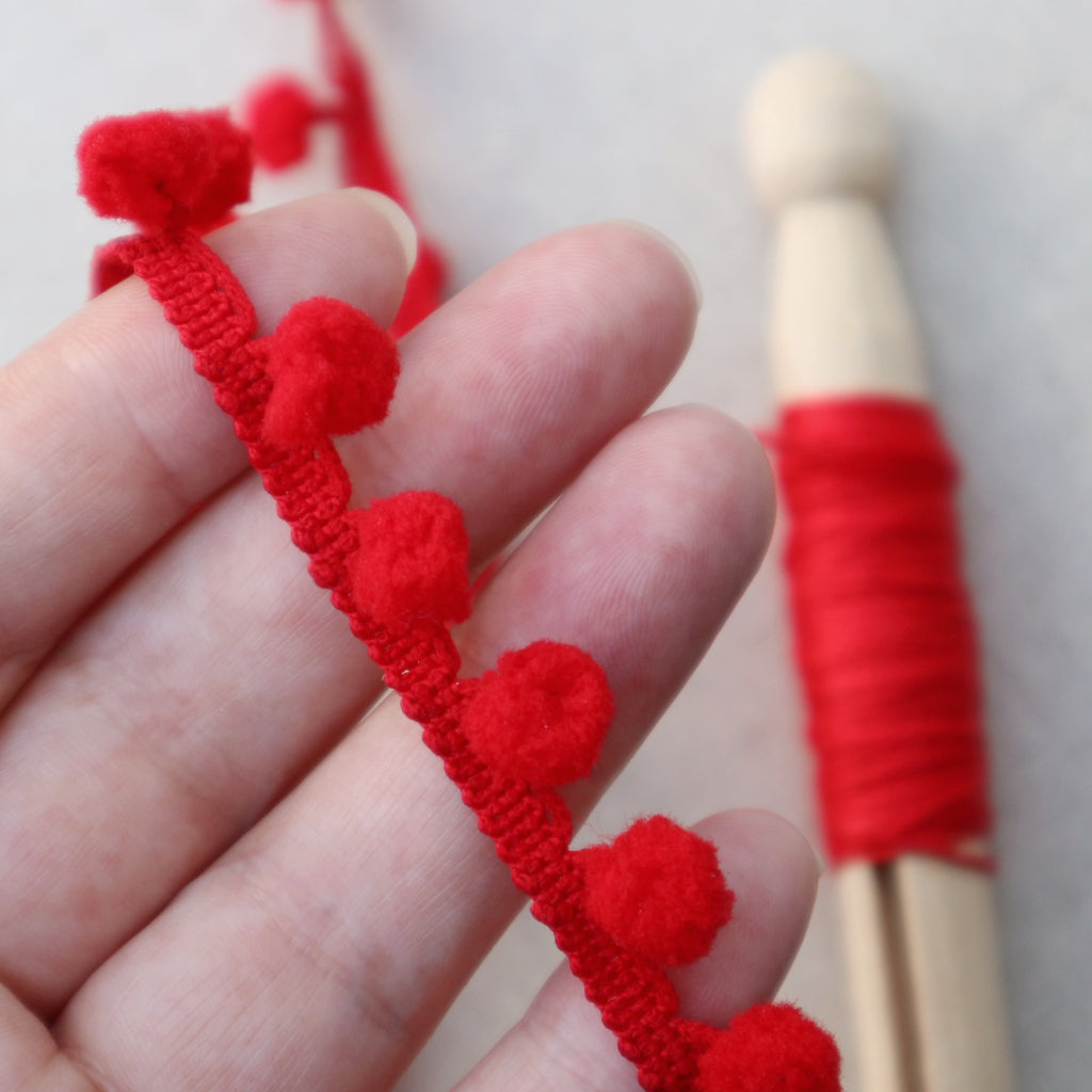 Red Pom Pom Trim with 10mm or 15mm pom pom's - StitchKits Crafts