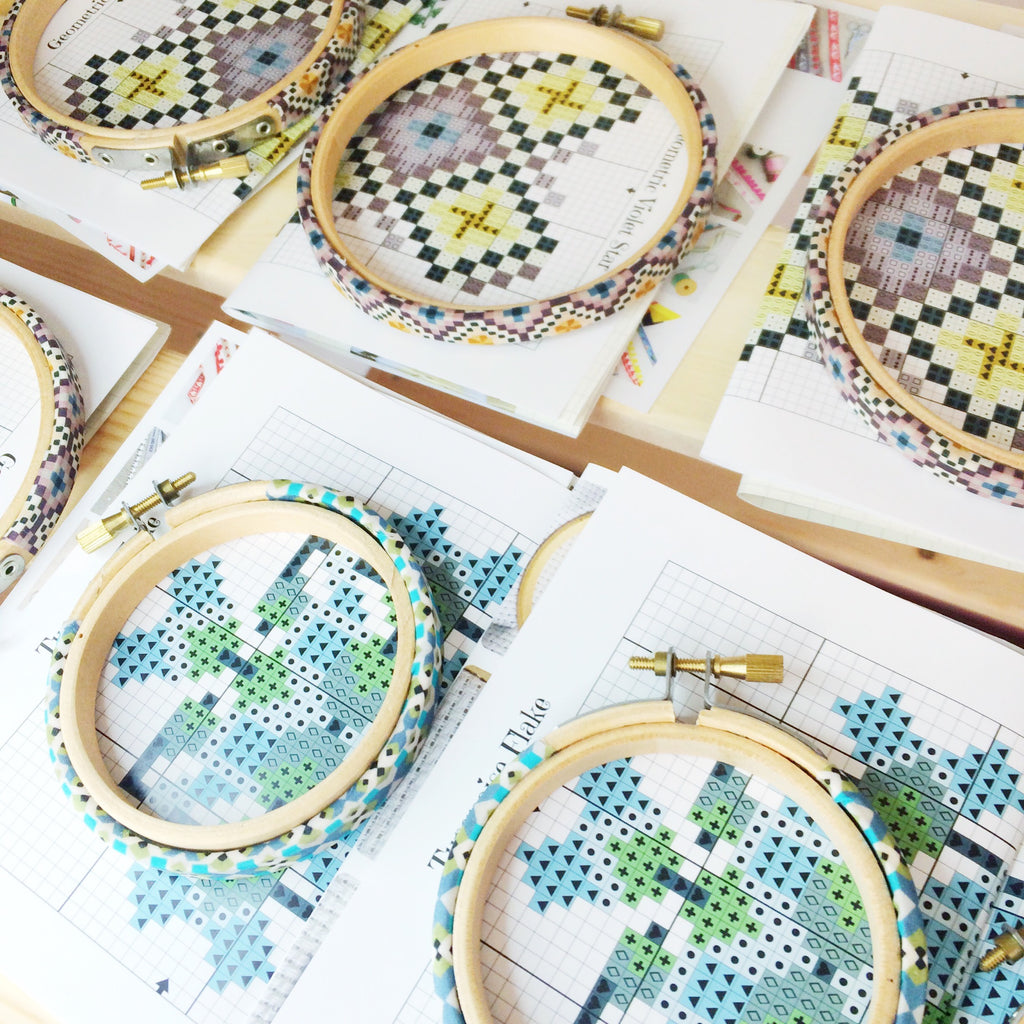 Geometric Cross Stitch Kit with 4inch Purple Embroidery Hoop Frame - StitchKits Crafts