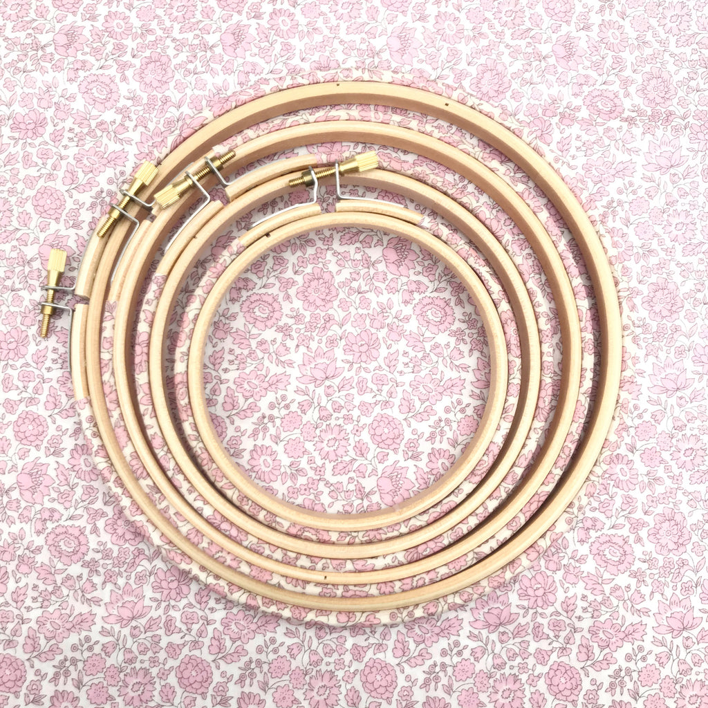 Four pretty pink floral embroidery hoops