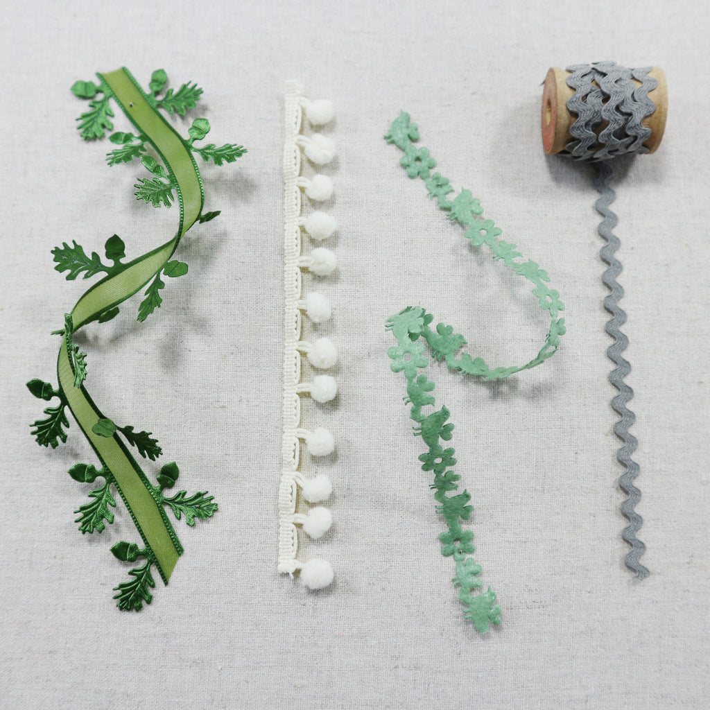botanical ribbon collection in green, ivory and grey
