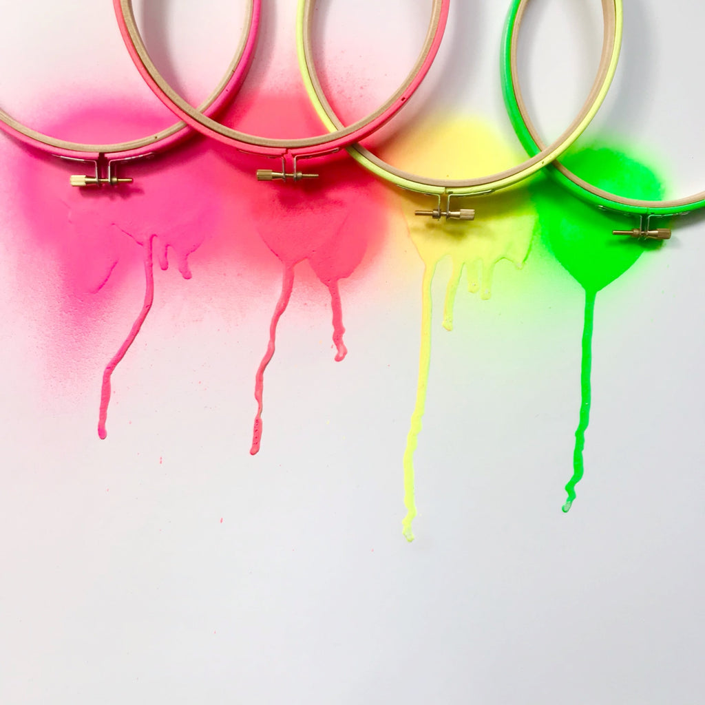 Neon embroidery hoop collection with spray paint