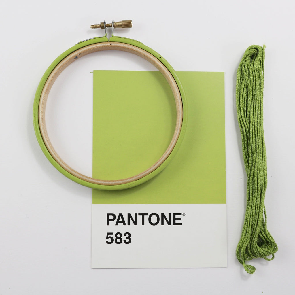 poison green embroidery hoop with DMC thread and Pantone 583 card.