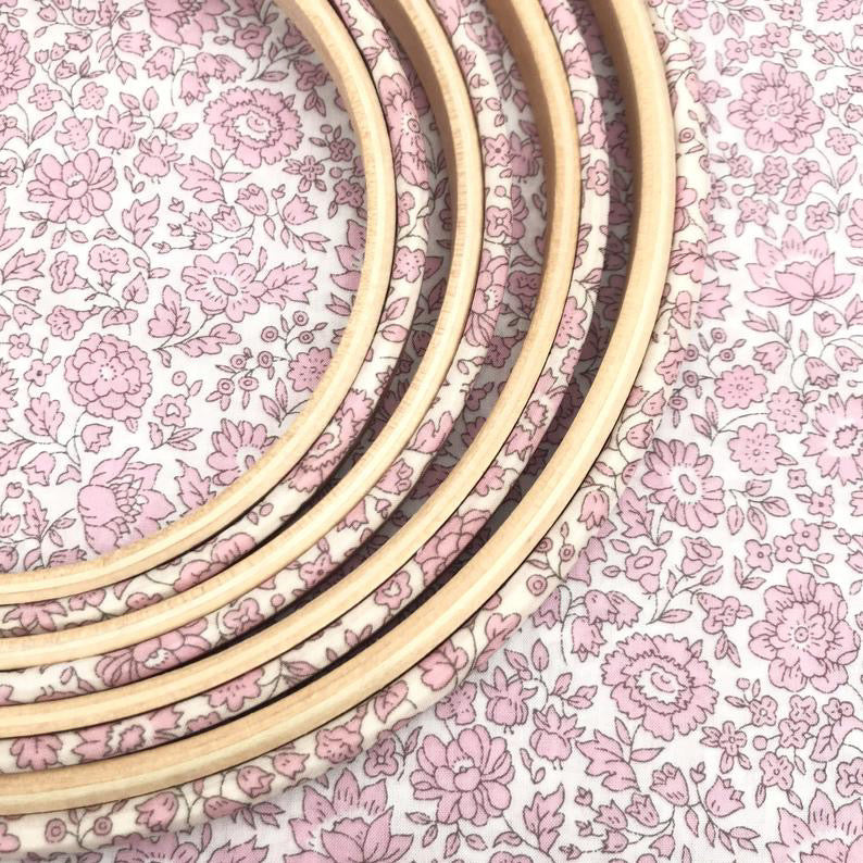 Patterned pink embroidery hoops with Danjo Coast fabric
