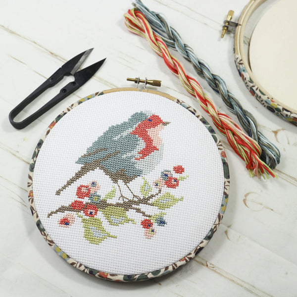 robin cross stitch kit wuth embroidery hoop and threads