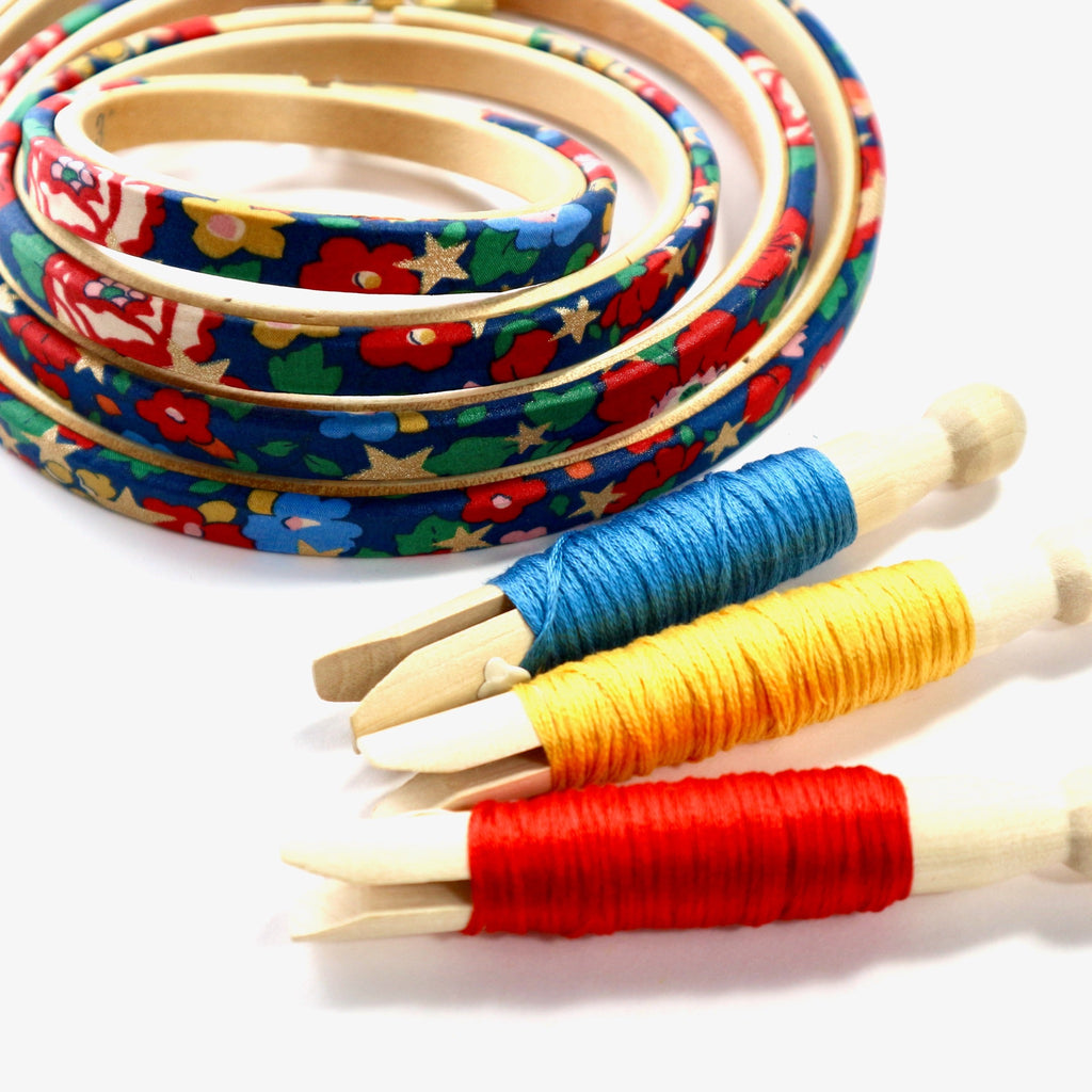 blue embroidery hoops with matching embroidery thread.