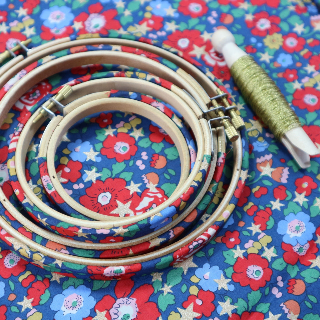 Betsy navy blue embroidery hoops with golden metallic stars.