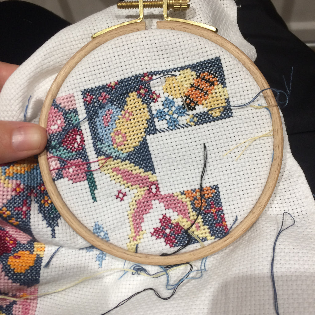Cross Stitch WIP in small embroidery hoop
