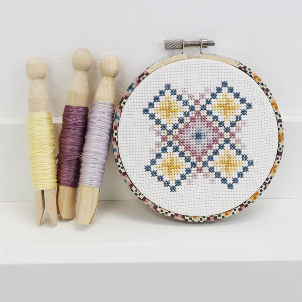 Geometric Cross Stitch Kit with 4inch Purple Embroidery Hoop Frame - StitchKits Crafts