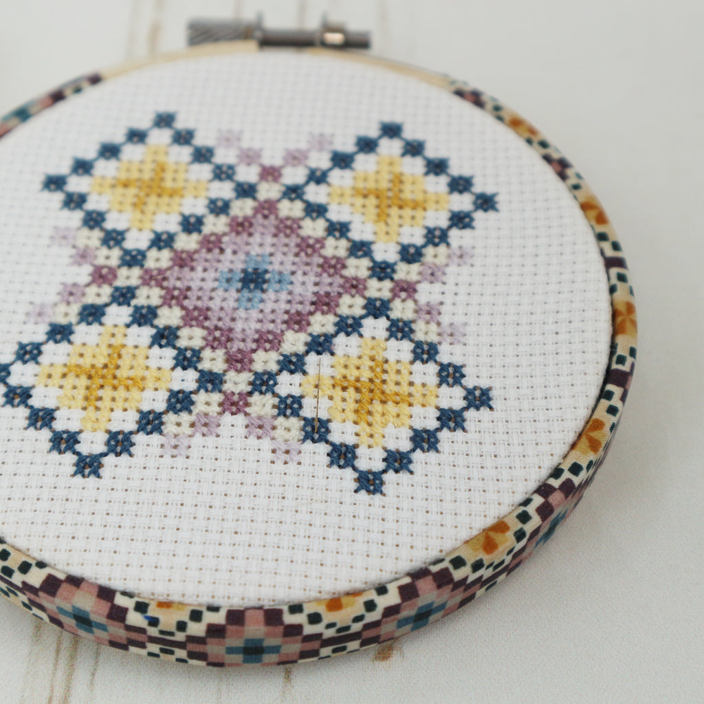 Geometric Cross Stitch Kit with 4inch Purple Embroidery Hoop Frame - StitchKits Crafts