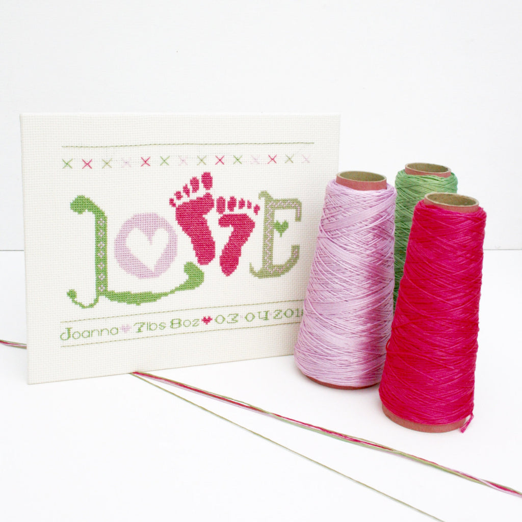 Baby Girl Cross Stitch Kit. 'Love' Baby Feet Pink - StitchKits Crafts