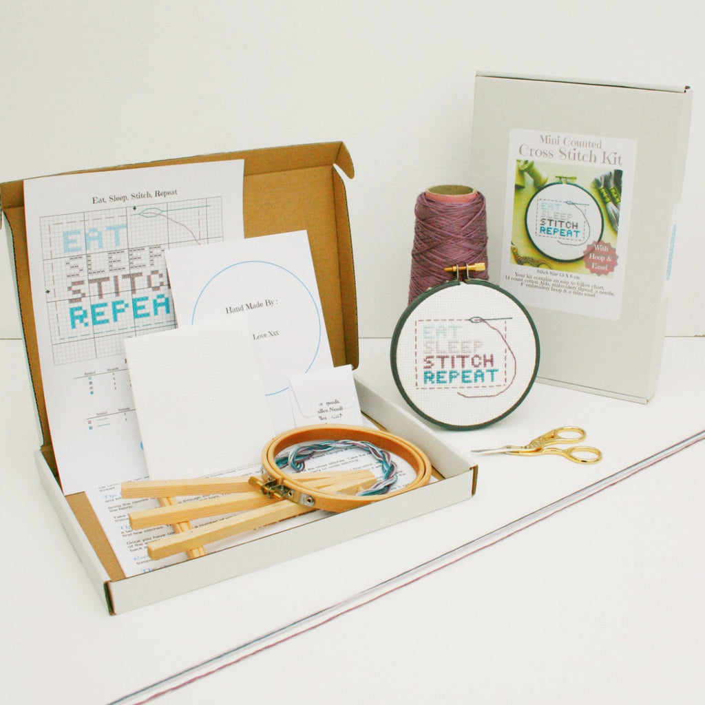 Mini Cross Stitch Kit. Eat, Sleep, Stitch, Repeat - StitchKits Crafts