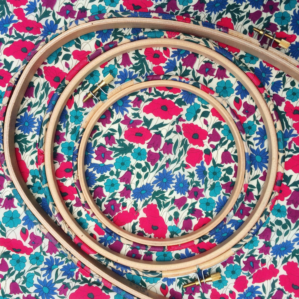 Red and Green Poppy & Daisy Liberty Tana Lawn Fabric Wrapped Embroidery Hoops - StitchKits Crafts