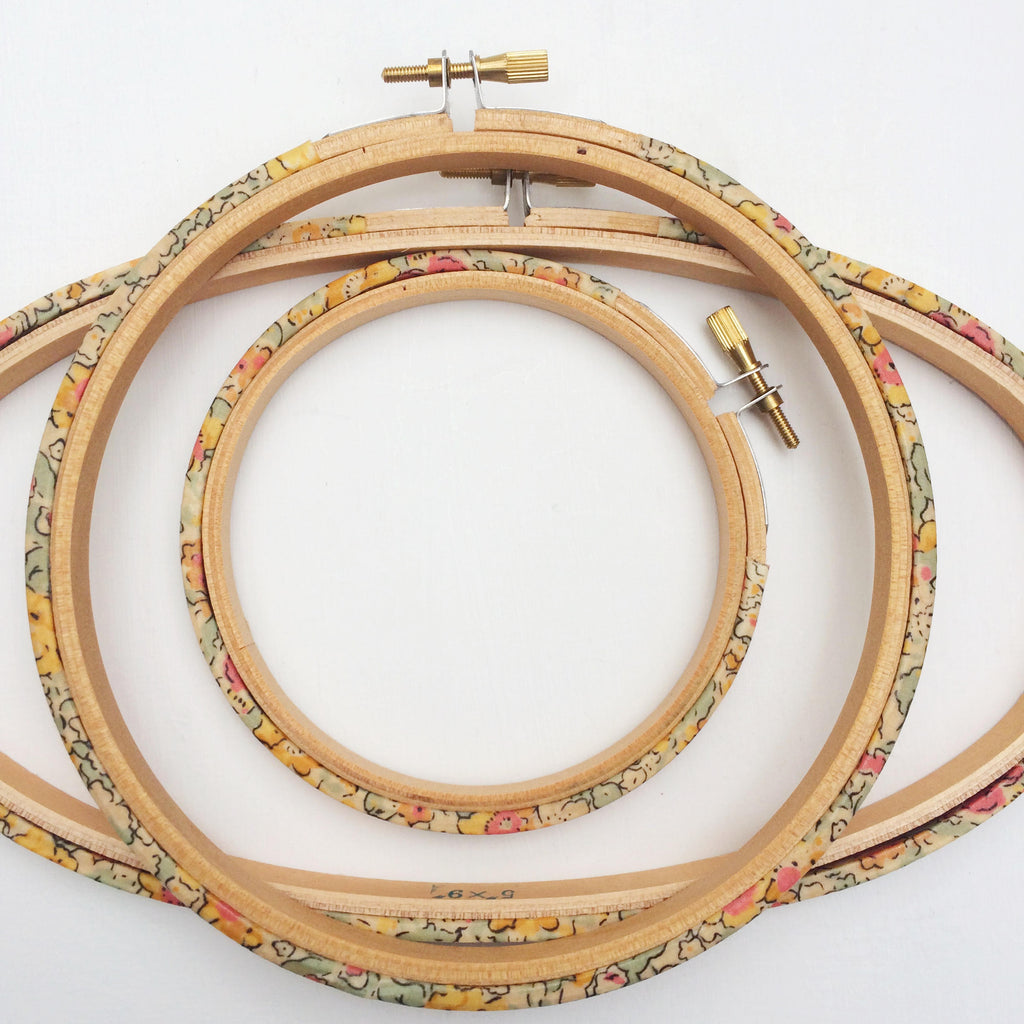 Yellow 'Claire Aude' Liberty Tana Lawn Fabric Wrapped Embroidery Hoops - StitchKits Crafts