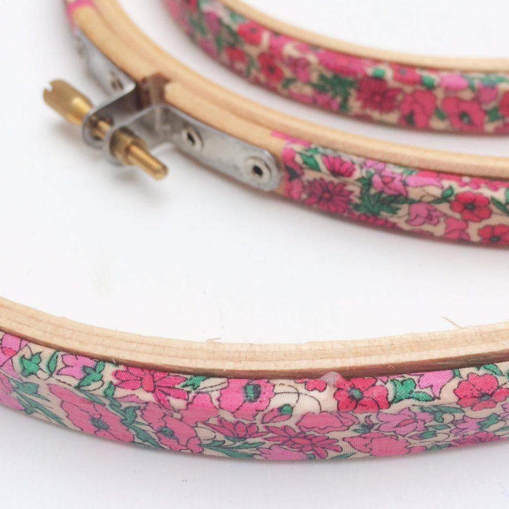 Pink 'Petal & Bud' Liberty Tana Lawn Fabric Wrapped Embroidery Hoops - StitchKits Crafts