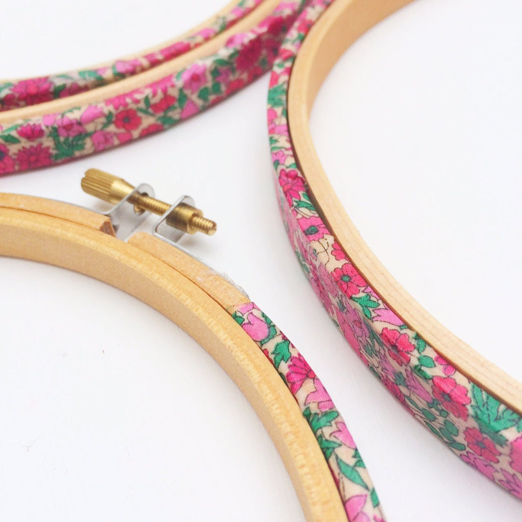 Pink 'Petal & Bud' Liberty Tana Lawn Fabric Wrapped Embroidery Hoops - StitchKits Crafts