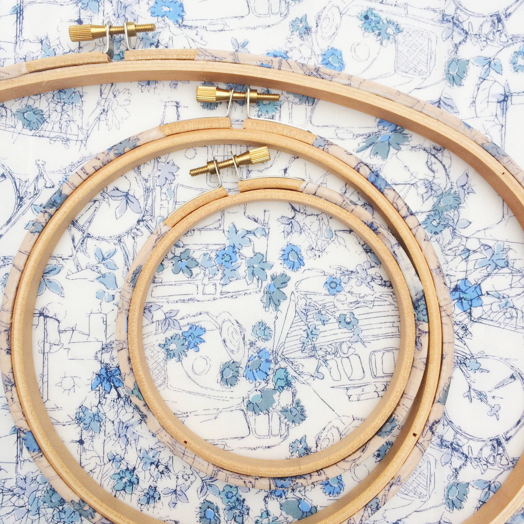 Blue 'Travelling Threads' Liberty Fabric Tana Lawn Covered Embroidery hoops - StitchKits Crafts