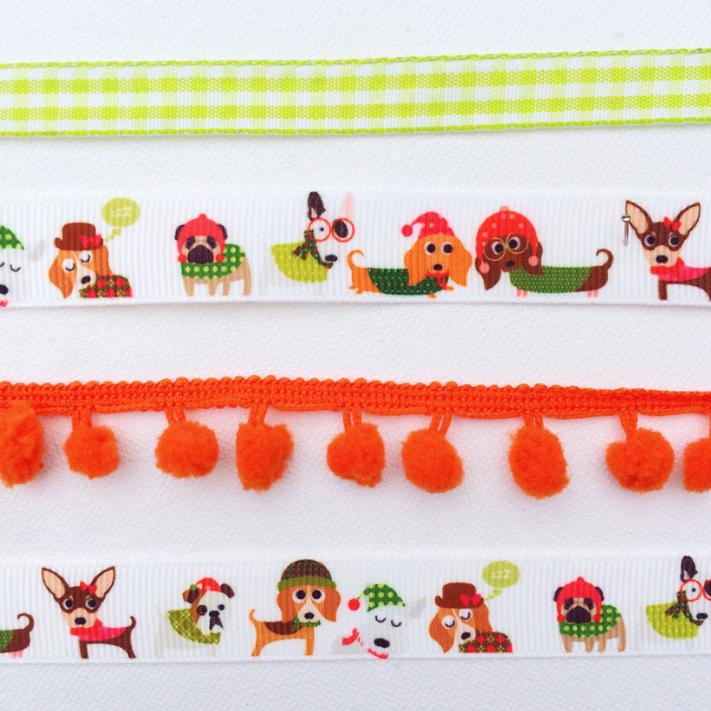 Winter Ribbon Collection. Fall craft ribbon.Ribbon with Dogs on. Orange Pom Pom Trim. Fun Cristmas Ribbon. Holiday Ribbon. Dogs in Sweaters - StitchKits Crafts