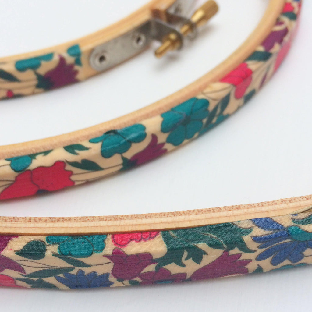 Red and Green Poppy & Daisy Liberty Tana Lawn Fabric Wrapped Embroidery Hoops - StitchKits Crafts