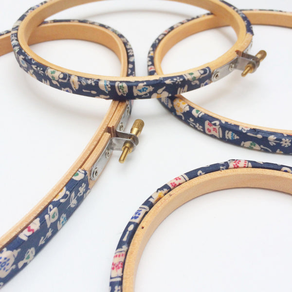 Navy 'Mad Hatter' Liberty Fabric Tana Lawn Fabric Covered Embroidery Hoop. Alice In Wonderland Tea Party - StitchKits Crafts