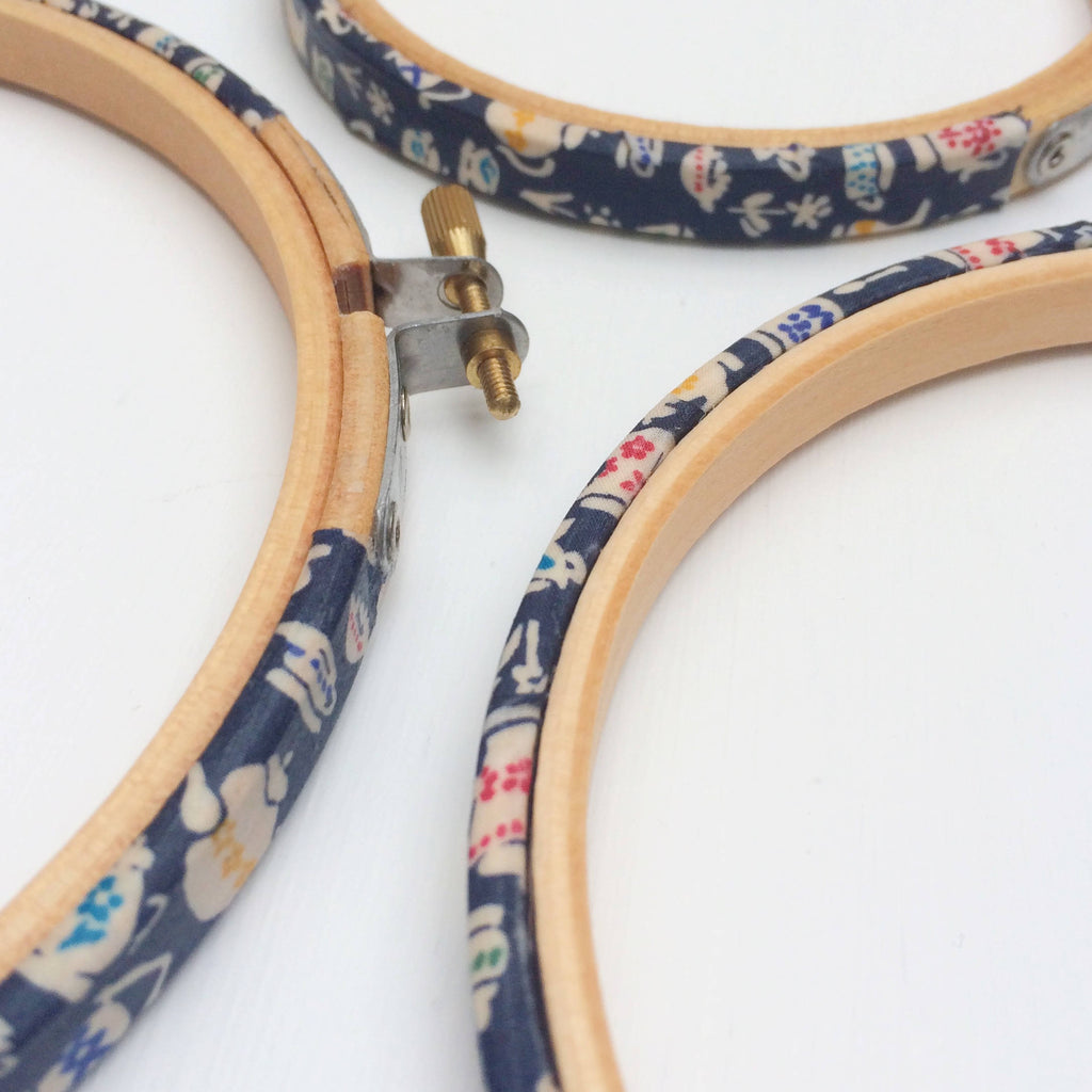 Navy  'Mad Hatter' Liberty Fabric Tana Lawn Fabric Covered Embroidery Hoop. Alice In Wonderland Tea Party - StitchKits Crafts