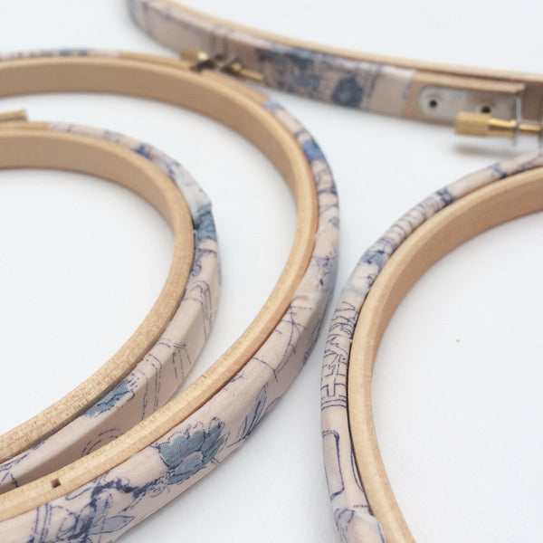 Blue 'Travelling Threads' Liberty Fabric Tana Lawn Covered Embroidery hoops - StitchKits Crafts