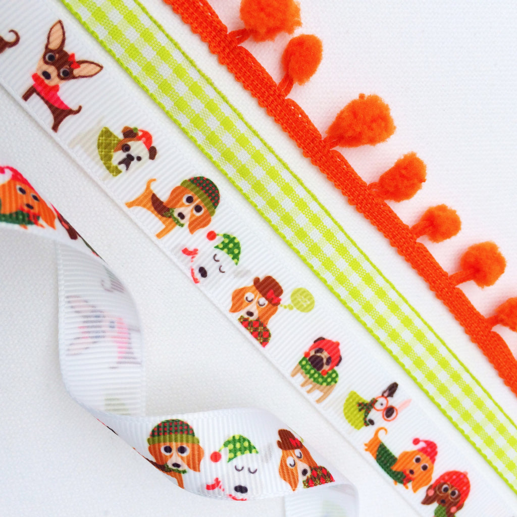 Winter Ribbon Collection. Fall craft ribbon.Ribbon with Dogs on. Orange Pom Pom Trim. Fun Cristmas Ribbon. Holiday Ribbon. Dogs in Sweaters - StitchKits Crafts