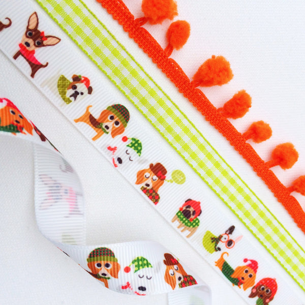 Winter Ribbon Collection. Fall craft ribbon.Ribbon with Dogs on. Orange Pom Pom Trim. Fun Cristmas Ribbon. Holiday Ribbon. Dogs in Sweaters - StitchKits Crafts