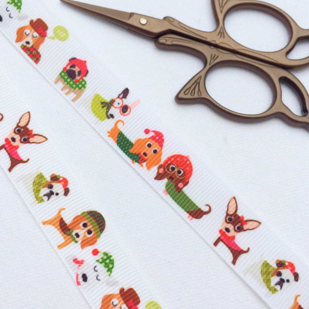 Winter Ribbon Collection. Fall craft ribbon.Ribbon with Dogs on. Orange Pom Pom Trim. Fun Cristmas Ribbon. Holiday Ribbon. Dogs in Sweaters - StitchKits Crafts