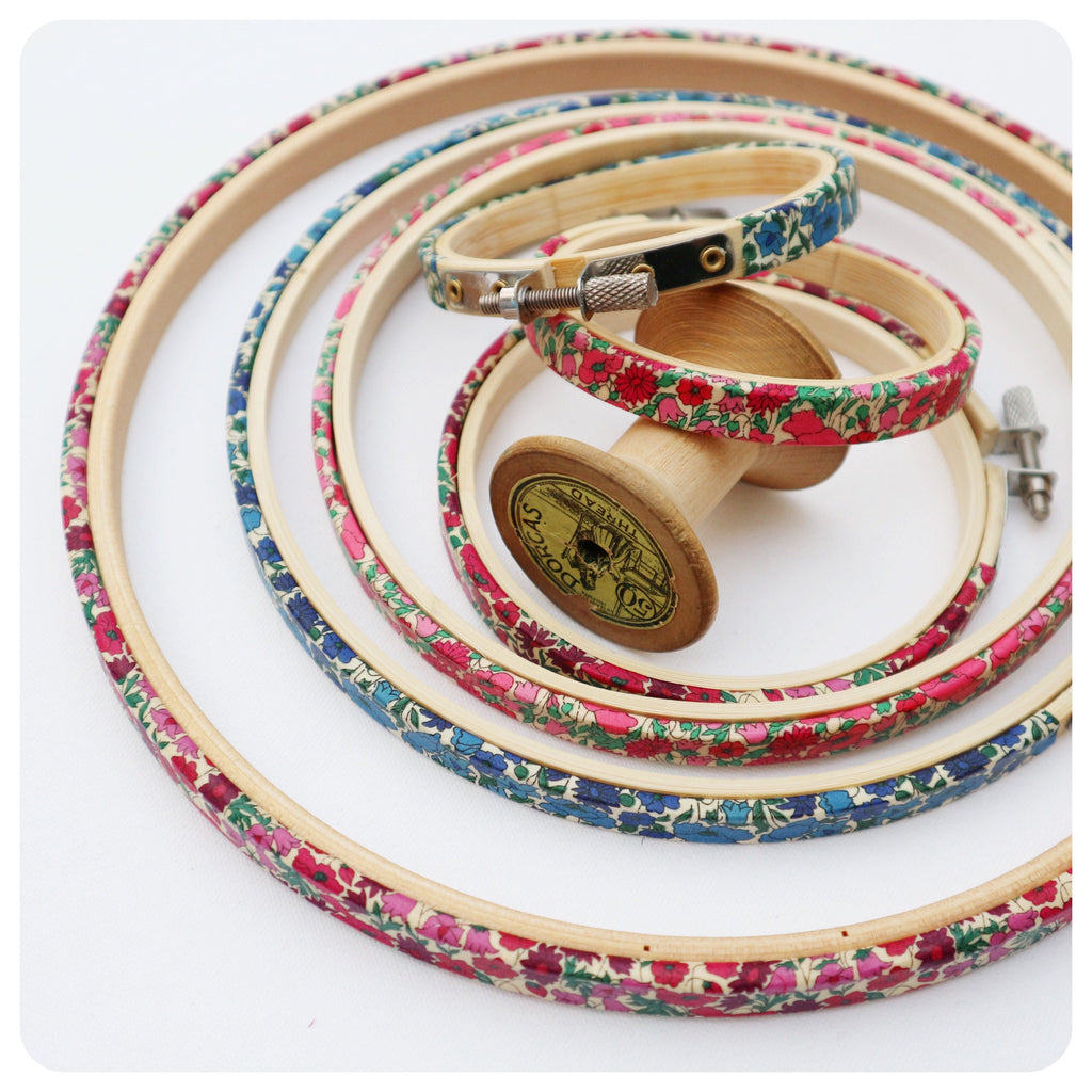 Pink 'Petal & Bud' Liberty Fabric Tana Lawn Covered Embroidery Hoops - StitchKits Crafts