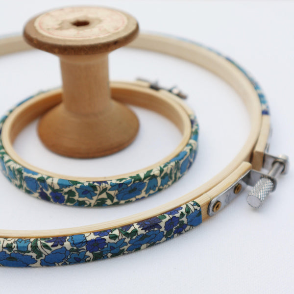 Blue 'Petal & Bud' Liberty fabric Tana Lawn Covered Embroidery Hoop - StitchKits Crafts
