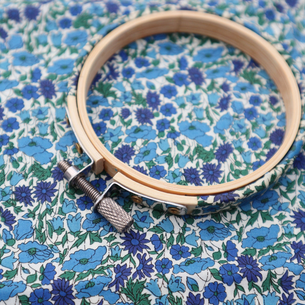 Blue 'Petal & Bud' Liberty fabric Tana Lawn Covered  Embroidery Hoop - StitchKits Crafts