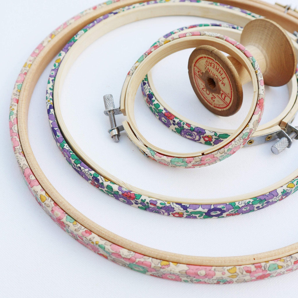Pink 'Betsy Ann' Liberty Tana Lawn Fabric Covered Embroidery Hoops - StitchKits Crafts