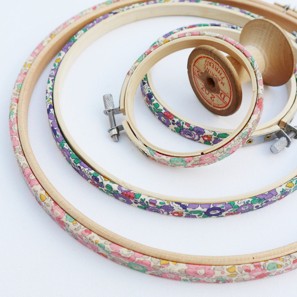 Purple 'Betsy Ann' Liberty Fabric Tana Lawn Covered Embroidery Hoops - StitchKits Crafts