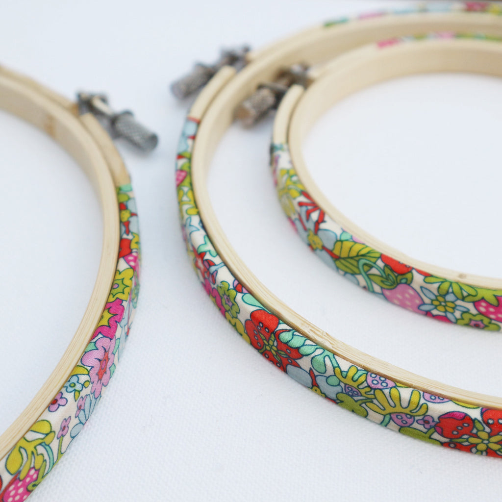 Flower Tops Strawberry Liberty Tana Lawn Fabric Covered Embroidery Hoops Fram - StitchKits Crafts