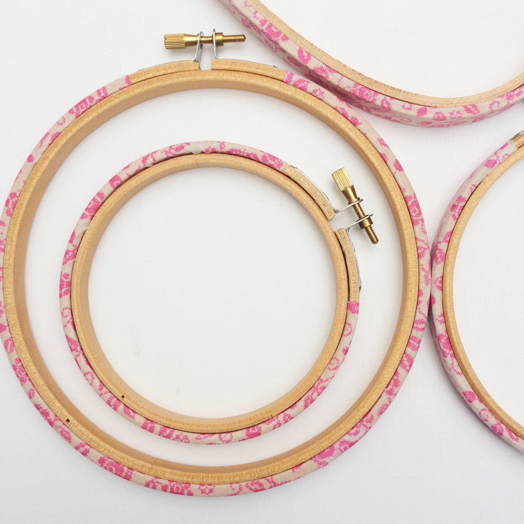 Pink 'Laura B' Liberty  Tana Lawn Fabric Wrapped Embroidery Hoops - StitchKits Crafts