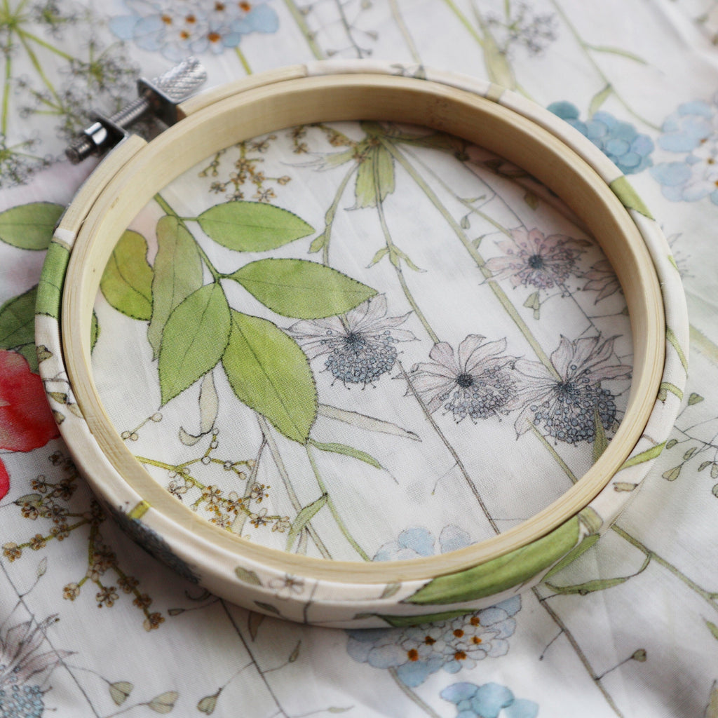 Floral Spring Green Fabric Tana Lawn Covered Embroidery Hoops - StitchKits Crafts