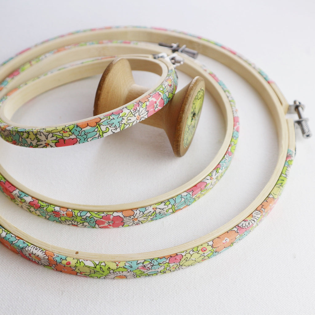Bright Spring Floral Liberty Tana Lawn Fabric Wrapped Embroidery Hoops - StitchKits Crafts