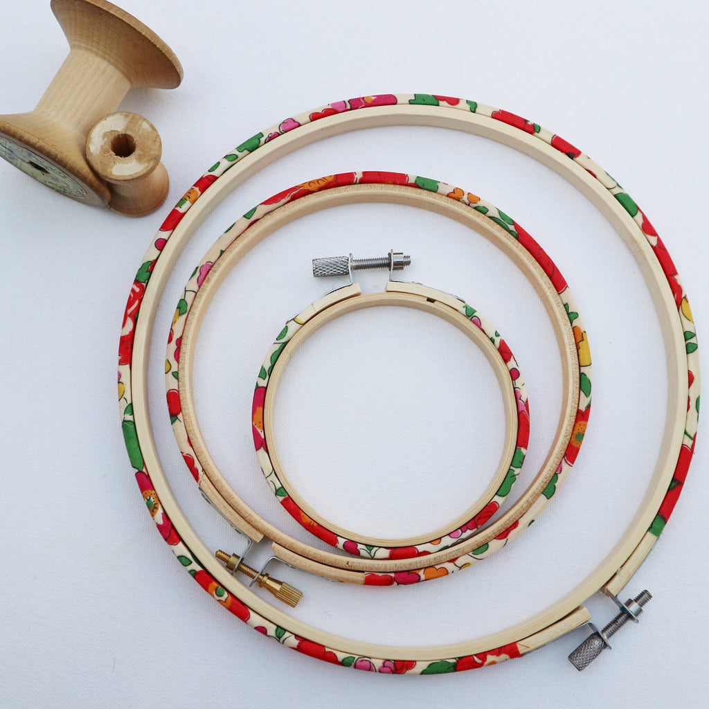 Red 'Betsy X' Liberty Fabric Tana Lawn Covered Embroidery hoops - StitchKits Crafts