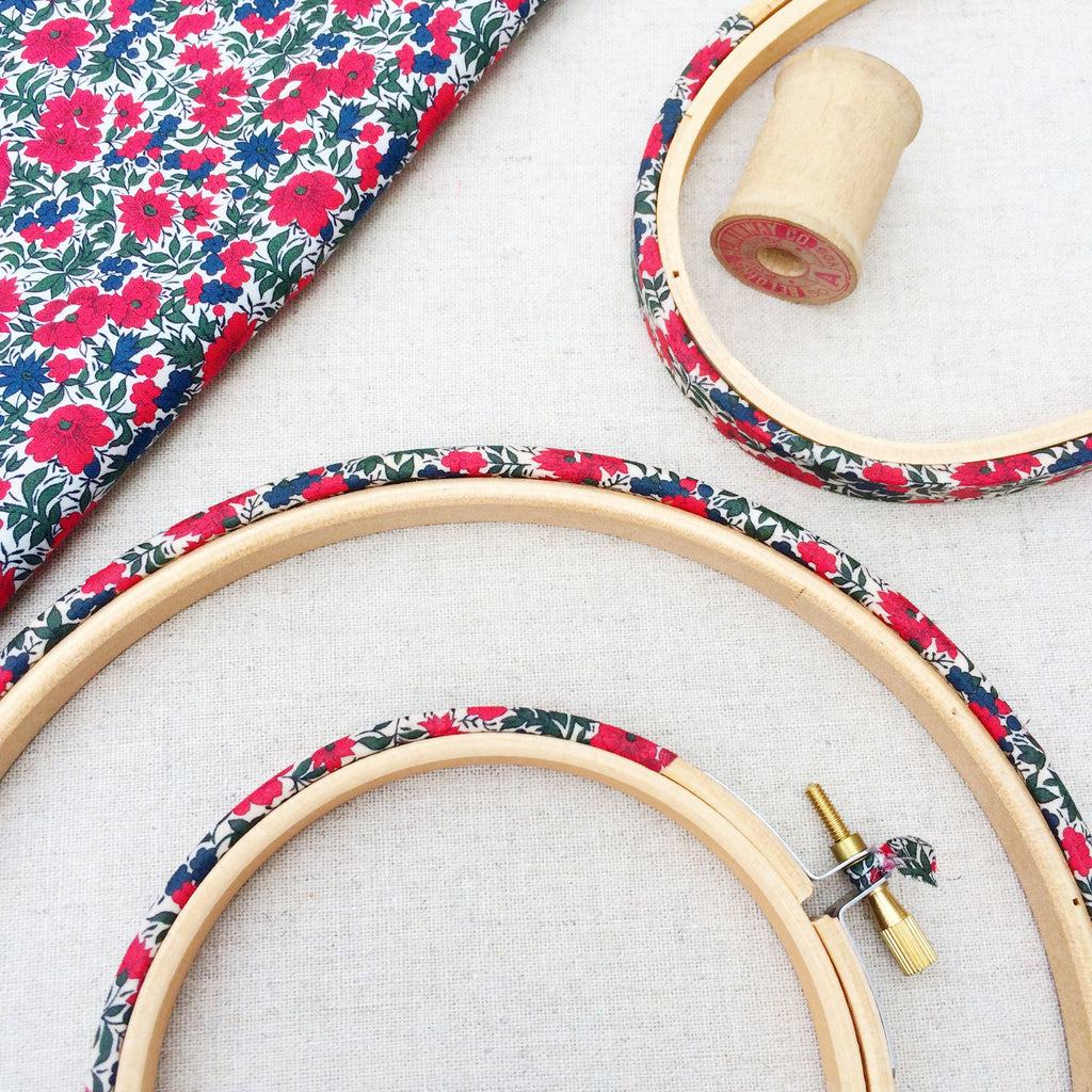 Red 'Rosalind B' Liberty Fabric Tana Lawn fabric covered Embroidery Hoops - StitchKits Crafts