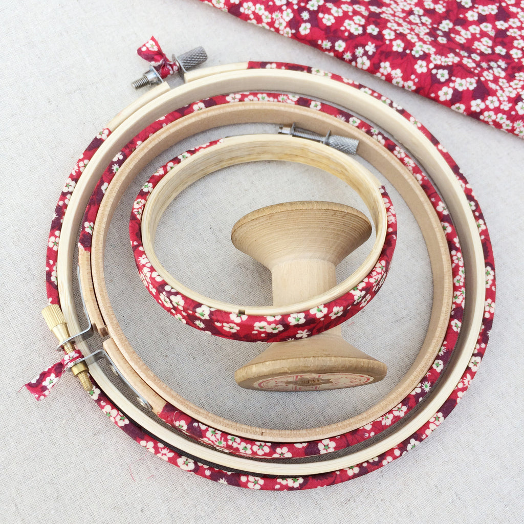 Red 'Mitsi D' Liberty Fabric Tana Lawn covered Embroidery Hoops - StitchKits Crafts