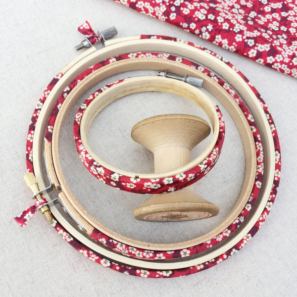 Red 'Mitsi D' Liberty Fabric Tana Lawn covered Embroidery Hoops - StitchKits Crafts