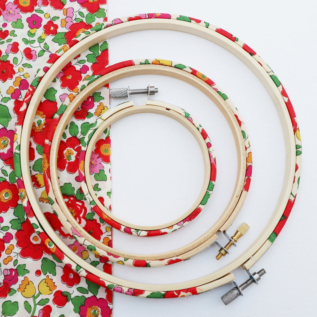 Red 'Betsy X' Liberty Fabric Tana Lawn Covered Embroidery hoops - StitchKits Crafts