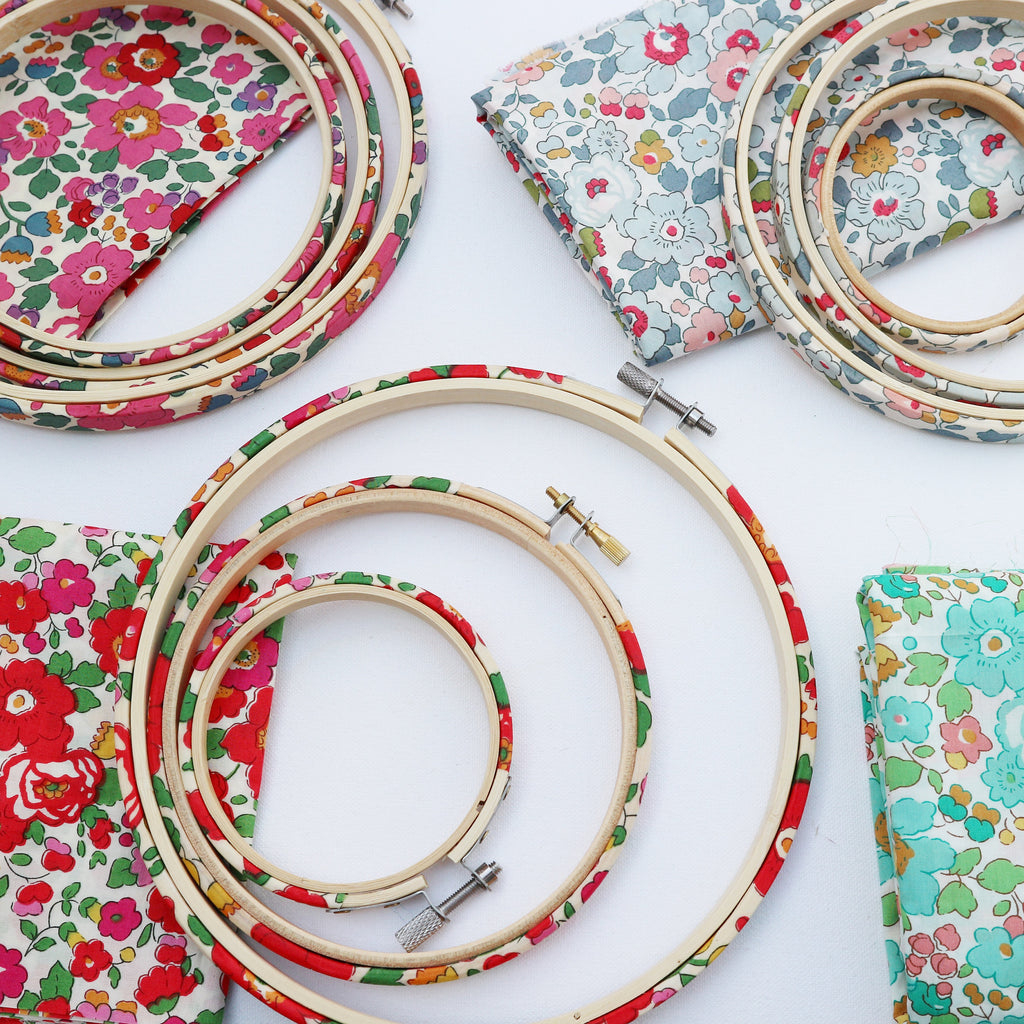 Red 'Betsy X' Liberty Fabric Tana Lawn Covered Embroidery hoops - StitchKits Crafts