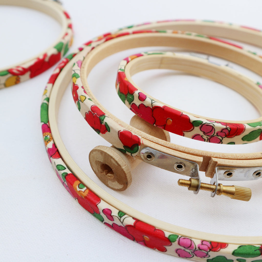 Red 'Betsy X' Liberty Fabric Tana Lawn Covered Embroidery hoops - StitchKits Crafts