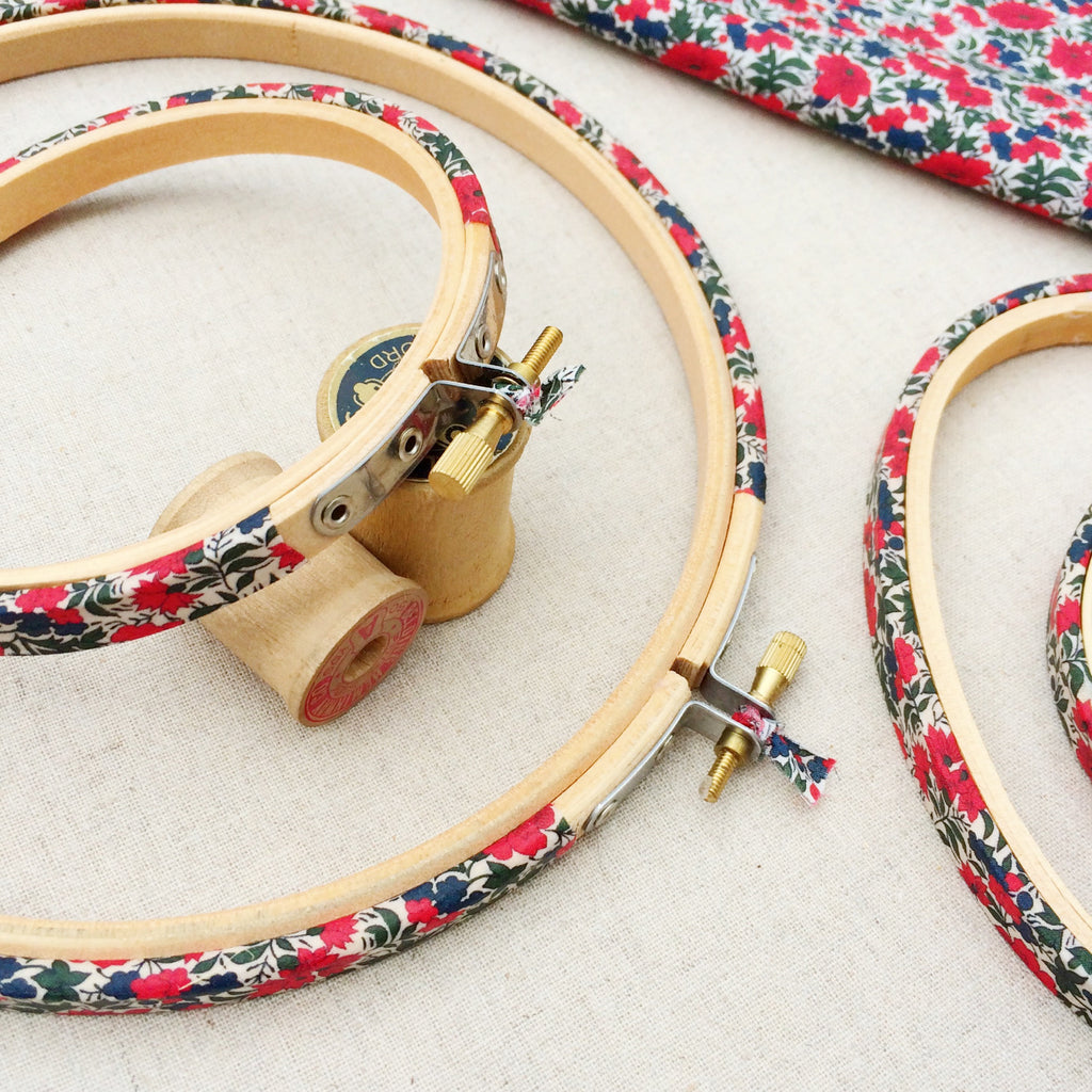 Red 'Rosalind B' Liberty Fabric Tana Lawn fabric covered Embroidery Hoops - StitchKits Crafts