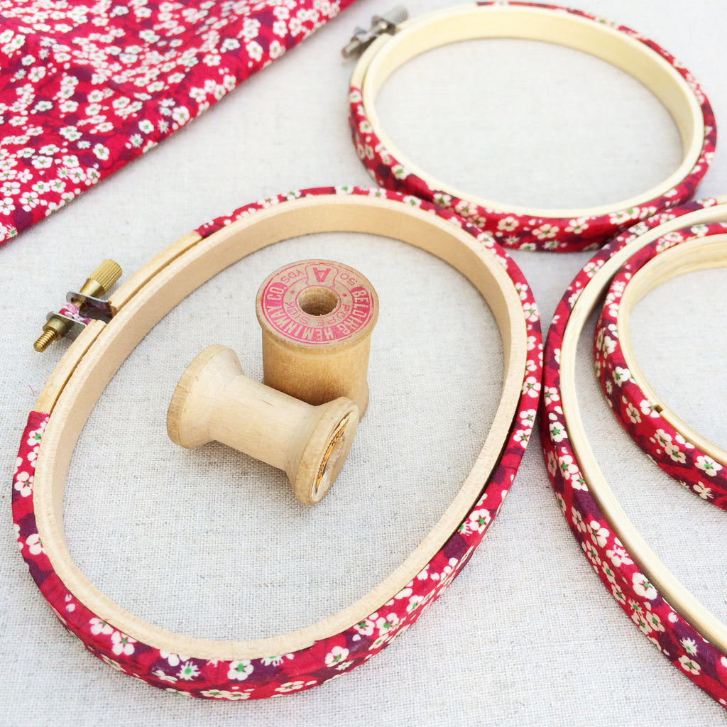 Red 'Mitsi D' Liberty Fabric Tana Lawn covered Embroidery Hoops - StitchKits Crafts