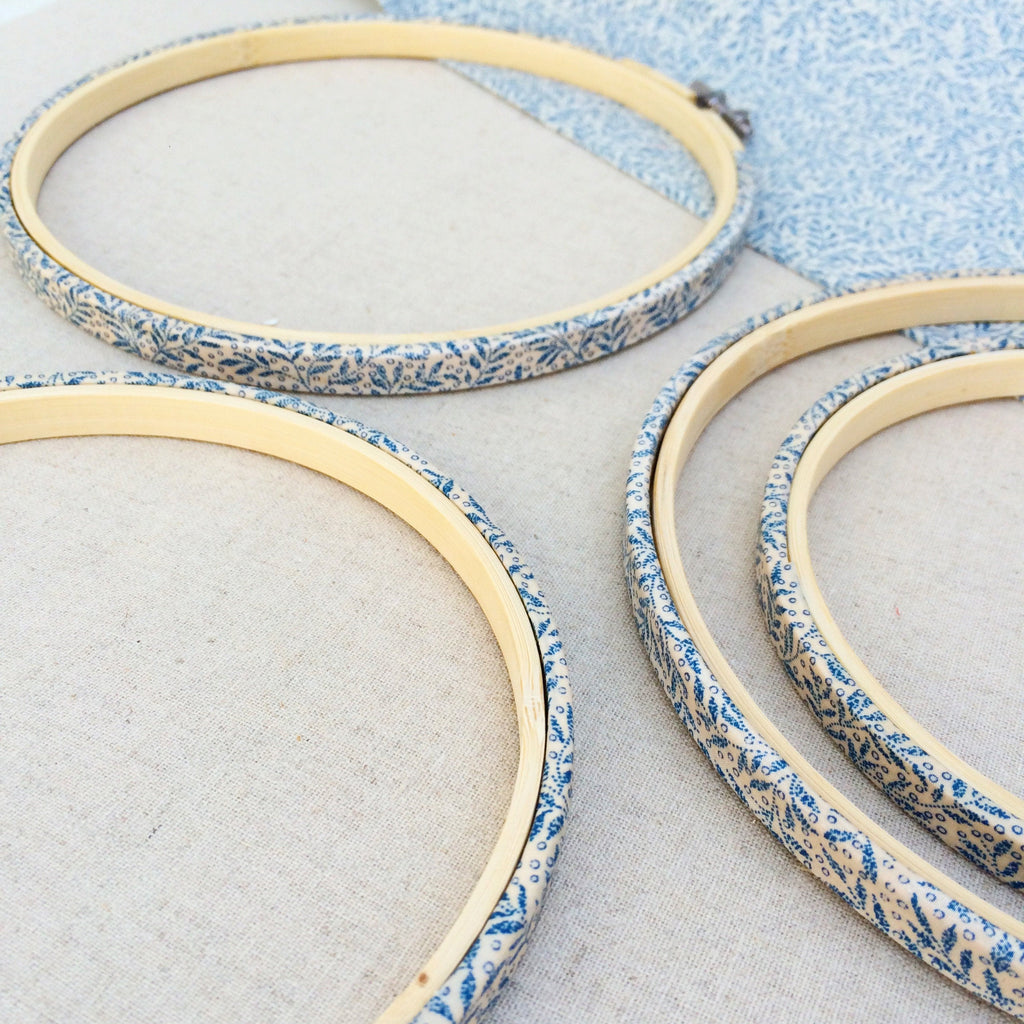 Blue Leaf Liberty Fabric Tana Lawn Wrapped Embroidery Hoops - StitchKits Crafts