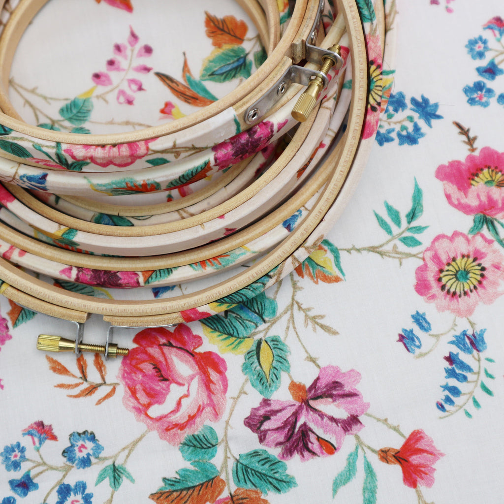 Summer Floral Liberty Tana Lawn Fabric Wrapped Embroidery Hoops - StitchKits Crafts