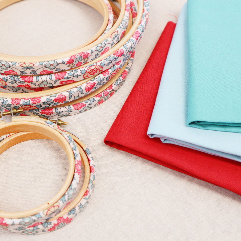 Coral Flower Print Liberty Tana Lawn Fabric Wrapped Embroidery Hoops - StitchKits Crafts