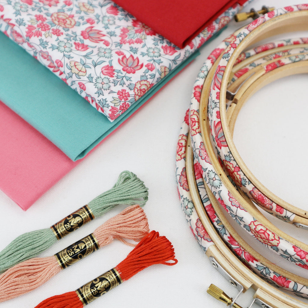 Coral Flower Print Liberty Tana Lawn Fabric Wrapped Embroidery Hoops - StitchKits Crafts